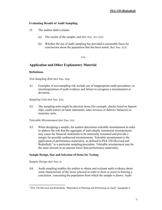PSA 530 (Redrafted)
6
Evaluating Results of Audit Sampling
15. The auditor shall evaluate:
(a) The results of the sample; and (Ref: Para. A21-A22)
(b) Whether the use of audit sampling has provided a reasonable basis for
conclusions about the population that has been tested. (Ref: Para. A23)
***
Application and Other Explanatory Material
Definitions
Non-Sampling Risk (Ref: Para. 5(d))
A1. Examples of non-sampling risk include use of inappropriate audit procedures, or
misinterpretation of audit evidence and failure to recognize a misstatement or
deviation.
Sampling Unit (Ref: Para. 5(f))
A2. The sampling units might be physical items (for example, checks listed on deposit
slips, credit entries on bank statements, sales invoices or debtors’ balances) or
monetary units.
Tolerable Misstatement (Ref: Para. 5(i))
A3. When designing a sample, the auditor determines tolerable misstatement in order
to address the risk that the aggregate of individually immaterial misstatements
may cause the financial statements to be materially misstated and provide a
margin for possible undetected misstatements. Tolerable misstatement is the
application of performance materiality, as defined in PSA 320 (Revised and
Redrafted),2
to a particular sampling procedure. Tolerable misstatement may be
the same amount or an amount lower than performance materiality.
Sample Design, Size and Selection of Items for Testing
Sample Design (Ref: Para. 6)
A4. Audit sampling enables the auditor to obtain and evaluate audit evidence about
some characteristic of the items selected in order to form or assist in forming a
conclusion concerning the population from which the sample is drawn. Audit
2
PSA 320 (Revised and Redrafted), “Materiality in Planning and Performing an Audit,” paragraph 9.
 