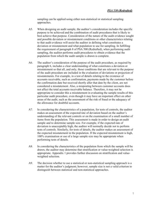 PSA 530 (Redrafted)
7
sampling can be applied using either non-statistical or statistical sampling
approaches.
A5. When designing an audit sample, the auditor’s consideration includes the specific
purpose to be achieved and the combination of audit procedures that is likely to
best achieve that purpose. Consideration of the nature of the audit evidence sought
and possible deviation or misstatement conditions or other characteristics relating
to that audit evidence will assist the auditor in defining what constitutes a
deviation or misstatement and what population to use for sampling. In fulfilling
the requirement of paragraph 8 of PSA 500 (Redrafted), when performing audit
sampling, the auditor performs audit procedures to obtain evidence that the
population from which the audit sample is drawn is complete.
A6. The auditor’s consideration of the purpose of the audit procedure, as required by
paragraph 6, includes a clear understanding of what constitutes a deviation or
misstatement so that all, and only, those conditions that are relevant to the purpose
of the audit procedure are included in the evaluation of deviations or projection of
misstatements. For example, in a test of details relating to the existence of
accounts receivable, such as confirmation, payments made by the customer before
the confirmation date but received shortly after that date by the client, are not
considered a misstatement. Also, a misposting between customer accounts does
not affect the total accounts receivable balance. Therefore, it may not be
appropriate to consider this a misstatement in evaluating the sample results of this
particular audit procedure, even though it may have an important effect on other
areas of the audit, such as the assessment of the risk of fraud or the adequacy of
the allowance for doubtful accounts.
A7. In considering the characteristics of a population, for tests of controls, the auditor
makes an assessment of the expected rate of deviation based on the auditor’s
understanding of the relevant controls or on the examination of a small number of
items from the population. This assessment is made in order to design an audit
sample and to determine sample size. For example, if the expected rate of
deviation is unacceptably high, the auditor will normally decide not to perform
tests of controls. Similarly, for tests of details, the auditor makes an assessment of
the expected misstatement in the population. If the expected misstatement is high,
100% examination or use of a large sample size may be appropriate when
performing tests of details.
A8. In considering the characteristics of the population from which the sample will be
drawn, the auditor may determine that stratification or value-weighted selection is
appropriate. Appendix 1 provides further discussion on stratification and value-
weighted selection.
A9. The decision whether to use a statistical or non-statistical sampling approach is a
matter for the auditor’s judgment; however, sample size is not a valid criterion to
distinguish between statistical and non-statistical approaches.
 