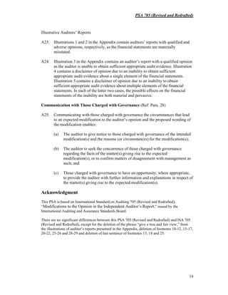 PSA 705 (Revised and Redrafted)
14
Illustrative Auditors’ Reports
A23. Illustrations 1 and 2 in the Appendix contain auditors’ reports with qualified and
adverse opinions, respectively, as the financial statements are materially
misstated.
A24. Illustration 3 in the Appendix contains an auditor’s report with a qualified opinion
as the auditor is unable to obtain sufficient appropriate audit evidence. Illustration
4 contains a disclaimer of opinion due to an inability to obtain sufficient
appropriate audit evidence about a single element of the financial statements.
Illustration 5 contains a disclaimer of opinion due to an inability to obtain
sufficient appropriate audit evidence about multiple elements of the financial
statements. In each of the latter two cases, the possible effects on the financial
statements of the inability are both material and pervasive.
Communication with Those Charged with Governance (Ref: Para. 28)
A25. Communicating with those charged with governance the circumstances that lead
to an expected modification to the auditor’s opinion and the proposed wording of
the modification enables:
(a) The auditor to give notice to those charged with governance of the intended
modification(s) and the reasons (or circumstances) for the modification(s);
(b) The auditor to seek the concurrence of those charged with governance
regarding the facts of the matter(s) giving rise to the expected
modification(s), or to confirm matters of disagreement with management as
such; and
(c) Those charged with governance to have an opportunity, where appropriate,
to provide the auditor with further information and explanations in respect of
the matter(s) giving rise to the expected modification(s).
Acknowledgment
This PSA is based on International Standard on Auditing 705 (Revised and Redrafted),
“Modifications to the Opinion in the Independent Auditor’s Report,” issued by the
International Auditing and Assurance Standards Board.
There are no significant differences between this PSA 705 (Revised and Redrafted) and ISA 705
(Revised and Redrafted), except for the deletion of the phrase “give a true and fair view,” from
the illustrations of auditor’s reports presented in the Appendix, deletion of footnotes 10-12, 15-17,
20-22, 25-26 and 28-29 and deletion of last sentence of footnotes 13, 18 and 23.
 