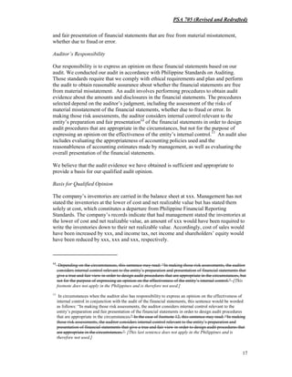 PSA 705 (Revised and Redrafted)
17
and fair presentation of financial statements that are free from material misstatement,
whether due to fraud or error.
Auditor’s Responsibility
Our responsibility is to express an opinion on these financial statements based on our
audit. We conducted our audit in accordance with Philippine Standards on Auditing.
Those standards require that we comply with ethical requirements and plan and perform
the audit to obtain reasonable assurance about whether the financial statements are free
from material misstatement. An audit involves performing procedures to obtain audit
evidence about the amounts and disclosures in the financial statements. The procedures
selected depend on the auditor’s judgment, including the assessment of the risks of
material misstatement of the financial statements, whether due to fraud or error. In
making those risk assessments, the auditor considers internal control relevant to the
entity’s preparation and fair presentation12
of the financial statements in order to design
audit procedures that are appropriate in the circumstances, but not for the purpose of
expressing an opinion on the effectiveness of the entity’s internal control.13
An audit also
includes evaluating the appropriateness of accounting policies used and the
reasonableness of accounting estimates made by management, as well as evaluating the
overall presentation of the financial statements.
We believe that the audit evidence we have obtained is sufficient and appropriate to
provide a basis for our qualified audit opinion.
Basis for Qualified Opinion
The company’s inventories are carried in the balance sheet at xxx. Management has not
stated the inventories at the lower of cost and net realizable value but has stated them
solely at cost, which constitutes a departure from Philippine Financial Reporting
Standards. The company’s records indicate that had management stated the inventories at
the lower of cost and net realizable value, an amount of xxx would have been required to
write the inventories down to their net realizable value. Accordingly, cost of sales would
have been increased by xxx, and income tax, net income and shareholders’ equity would
have been reduced by xxx, xxx and xxx, respectively.
12
Depending on the circumstances, this sentence may read: “In making those risk assessments, the auditor
considers internal control relevant to the entity’s preparation and presentation of financial statements that
give a true and fair view in order to design audit procedures that are appropriate in the circumstances, but
not for the purpose of expressing an opinion on the effectiveness of the entity’s internal control.” [This
footnote does not apply in the Philippines and is therefore not used.]
13
In circumstances when the auditor also has responsibility to express an opinion on the effectiveness of
internal control in conjunction with the audit of the financial statements, this sentence would be worded
as follows: “In making those risk assessments, the auditor considers internal control relevant to the
entity’s preparation and fair presentation of the financial statements in order to design audit procedures
that are appropriate in the circumstances.” In the case of footnote 12, this sentence may read: “In making
those risk assessments, the auditor considers internal control relevant to the entity’s preparation and
presentation of financial statements that give a true and fair view in order to design audit procedures that
are appropriate in the circumstances.” [This last sentence does not apply in the Philippines and is
therefore not used.]
 