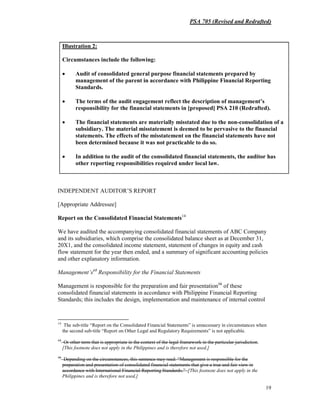 PSA 705 (Revised and Redrafted)
19
Illustration 2:
Circumstances include the following:
• Audit of consolidated general purpose financial statements prepared by
management of the parent in accordance with Philippine Financial Reporting
Standards.
• The terms of the audit engagement reflect the description of management’s
responsibility for the financial statements in [proposed] PSA 210 (Redrafted).
• The financial statements are materially misstated due to the non-consolidation of a
subsidiary. The material misstatement is deemed to be pervasive to the financial
statements. The effects of the misstatement on the financial statements have not
been determined because it was not practicable to do so.
• In addition to the audit of the consolidated financial statements, the auditor has
other reporting responsibilities required under local law.
INDEPENDENT AUDITOR’S REPORT
[Appropriate Addressee]
Report on the Consolidated Financial Statements14
We have audited the accompanying consolidated financial statements of ABC Company
and its subsidiaries, which comprise the consolidated balance sheet as at December 31,
20X1, and the consolidated income statement, statement of changes in equity and cash
flow statement for the year then ended, and a summary of significant accounting policies
and other explanatory information.
Management’s15
Responsibility for the Financial Statements
Management is responsible for the preparation and fair presentation16
of these
consolidated financial statements in accordance with Philippine Financial Reporting
Standards; this includes the design, implementation and maintenance of internal control
14
The sub-title “Report on the Consolidated Financial Statements” is unnecessary in circumstances when
the second sub-title “Report on Other Legal and Regulatory Requirements” is not applicable.
15
Or other term that is appropriate in the context of the legal framework in the particular jurisdiction.
[This footnote does not apply in the Philippines and is therefore not used.]
16
Depending on the circumstances, this sentence may read: “Management is responsible for the
preparation and presentation of consolidated financial statements that give a true and fair view in
accordance with International Financial Reporting Standards.” [This footnote does not apply in the
Philippines and is therefore not used.]
 