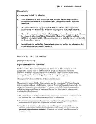 PSA 705 (Revised and Redrafted)
22
INDEPENDENT AUDITOR’S REPORT
[Appropriate Addressee]
Report on the Financial Statements19
We have audited the accompanying financial statements of ABC Company, which
comprise the balance sheet as at December 31, 20X1, and the income statement,
statement of changes in equity and cash flow statement for the year then ended, and a
summary of significant accounting policies and other explanatory notes.
Management’s20
Responsibility for the Financial Statements
Management is responsible for the preparation and fair presentation21
of these financial
statements in accordance with Philippine Financial Reporting Standards; this includes the
design, implementation and maintenance of internal control relevant to the preparation
and fair presentation of financial statements that are free from material misstatement,
whether due to fraud or error.
19
The sub-title “Report on the Financial Statements” is unnecessary in circumstances when the second sub-
title “Report on Other Legal and Regulatory Requirements” is not applicable.
20
Or other term that is appropriate in the context of the legal framework in the particular jurisdiction.
[This footnote does not apply in the Philippines and is therefore not used.]
21
Depending on the circumstances, this sentence may read: “Management is responsible for the
preparation and presentation of financial statements that give a true and fair view in accordance with
International Financial Reporting Standards.” [This footnote does not apply in the Philippines and is
therefore not used.]
Illustration 3:
Circumstances include the following:
• Audit of a complete set of general purpose financial statements prepared by
management of the entity in accordance with Philippine Financial Reporting
Standards.
• The terms of the audit engagement reflect the description of management’s
responsibility for the financial statements in [proposed] PSA 210 (Redrafted).
• The auditor was unable to obtain sufficient appropriate audit evidence regarding an
investment in a foreign affiliate. The possible effects of the inability to obtain
sufficient appropriate audit evidence are deemed to be material but not pervasive to
the financial statements.
• In addition to the audit of the financial statements, the auditor has other reporting
responsibilities required under local law.
 