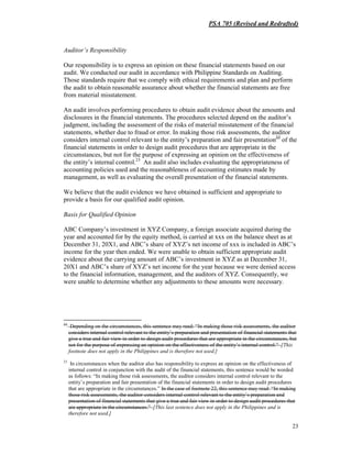 PSA 705 (Revised and Redrafted)
23
Auditor’s Responsibility
Our responsibility is to express an opinion on these financial statements based on our
audit. We conducted our audit in accordance with Philippine Standards on Auditing.
Those standards require that we comply with ethical requirements and plan and perform
the audit to obtain reasonable assurance about whether the financial statements are free
from material misstatement.
An audit involves performing procedures to obtain audit evidence about the amounts and
disclosures in the financial statements. The procedures selected depend on the auditor’s
judgment, including the assessment of the risks of material misstatement of the financial
statements, whether due to fraud or error. In making those risk assessments, the auditor
considers internal control relevant to the entity’s preparation and fair presentation22
of the
financial statements in order to design audit procedures that are appropriate in the
circumstances, but not for the purpose of expressing an opinion on the effectiveness of
the entity’s internal control.23
An audit also includes evaluating the appropriateness of
accounting policies used and the reasonableness of accounting estimates made by
management, as well as evaluating the overall presentation of the financial statements.
We believe that the audit evidence we have obtained is sufficient and appropriate to
provide a basis for our qualified audit opinion.
Basis for Qualified Opinion
ABC Company’s investment in XYZ Company, a foreign associate acquired during the
year and accounted for by the equity method, is carried at xxx on the balance sheet as at
December 31, 20X1, and ABC’s share of XYZ’s net income of xxx is included in ABC’s
income for the year then ended. We were unable to obtain sufficient appropriate audit
evidence about the carrying amount of ABC’s investment in XYZ as at December 31,
20X1 and ABC’s share of XYZ’s net income for the year because we were denied access
to the financial information, management, and the auditors of XYZ. Consequently, we
were unable to determine whether any adjustments to these amounts were necessary.
22
Depending on the circumstances, this sentence may read: “In making those risk assessments, the auditor
considers internal control relevant to the entity’s preparation and presentation of financial statements that
give a true and fair view in order to design audit procedures that are appropriate in the circumstances, but
not for the purpose of expressing an opinion on the effectiveness of the entity’s internal control.” [This
footnote does not apply in the Philippines and is therefore not used.]
23
In circumstances when the auditor also has responsibility to express an opinion on the effectiveness of
internal control in conjunction with the audit of the financial statements, this sentence would be worded
as follows: “In making those risk assessments, the auditor considers internal control relevant to the
entity’s preparation and fair presentation of the financial statements in order to design audit procedures
that are appropriate in the circumstances.” In the case of footnote 22, this sentence may read: “In making
those risk assessments, the auditor considers internal control relevant to the entity’s preparation and
presentation of financial statements that give a true and fair view in order to design audit procedures that
are appropriate in the circumstances.” [This last sentence does not apply in the Philippines and is
therefore not used.]
 