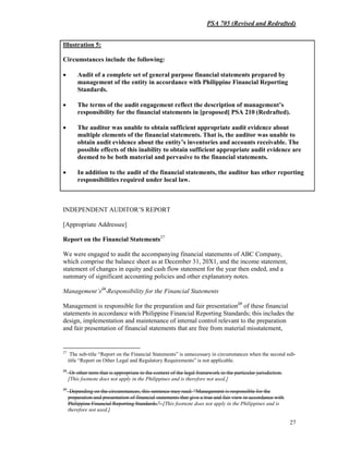 PSA 705 (Revised and Redrafted)
27
INDEPENDENT AUDITOR’S REPORT
[Appropriate Addressee]
Report on the Financial Statements27
We were engaged to audit the accompanying financial statements of ABC Company,
which comprise the balance sheet as at December 31, 20X1, and the income statement,
statement of changes in equity and cash flow statement for the year then ended, and a
summary of significant accounting policies and other explanatory notes.
Management’s28
Responsibility for the Financial Statements
Management is responsible for the preparation and fair presentation29
of these financial
statements in accordance with Philippine Financial Reporting Standards; this includes the
design, implementation and maintenance of internal control relevant to the preparation
and fair presentation of financial statements that are free from material misstatement,
27
The sub-title “Report on the Financial Statements” is unnecessary in circumstances when the second sub-
title “Report on Other Legal and Regulatory Requirements” is not applicable.
28
Or other term that is appropriate in the context of the legal framework in the particular jurisdiction.
[This footnote does not apply in the Philippines and is therefore not used.]
29
Depending on the circumstances, this sentence may read: “Management is responsible for the
preparation and presentation of financial statements that give a true and fair view in accordance with
Philippine Financial Reporting Standards.” [This footnote does not apply in the Philippines and is
therefore not used.]
Illustration 5:
Circumstances include the following:
• Audit of a complete set of general purpose financial statements prepared by
management of the entity in accordance with Philippine Financial Reporting
Standards.
• The terms of the audit engagement reflect the description of management’s
responsibility for the financial statements in [proposed] PSA 210 (Redrafted).
• The auditor was unable to obtain sufficient appropriate audit evidence about
multiple elements of the financial statements. That is, the auditor was unable to
obtain audit evidence about the entity’s inventories and accounts receivable. The
possible effects of this inability to obtain sufficient appropriate audit evidence are
deemed to be both material and pervasive to the financial statements.
• In addition to the audit of the financial statements, the auditor has other reporting
responsibilities required under local law.
 