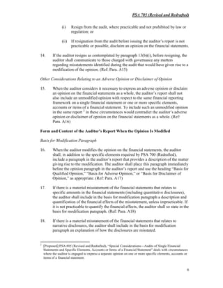 PSA 705 (Revised and Redrafted)
6
(i) Resign from the audit, where practicable and not prohibited by law or
regulation; or
(ii) If resignation from the audit before issuing the auditor’s report is not
practicable or possible, disclaim an opinion on the financial statements.
14. If the auditor resigns as contemplated by paragraph 13(b)(i), before resigning, the
auditor shall communicate to those charged with governance any matters
regarding misstatements identified during the audit that would have given rise to a
modification of the opinion. (Ref: Para. A15)
Other Considerations Relating to an Adverse Opinion or Disclaimer of Opinion
15. When the auditor considers it necessary to express an adverse opinion or disclaim
an opinion on the financial statements as a whole, the auditor’s report shall not
also include an unmodified opinion with respect to the same financial reporting
framework on a single financial statement or one or more specific elements,
accounts or items of a financial statement. To include such an unmodified opinion
in the same report 2
in these circumstances would contradict the auditor’s adverse
opinion or disclaimer of opinion on the financial statements as a whole. (Ref:
Para. A16)
Form and Content of the Auditor’s Report When the Opinion Is Modified
Basis for Modification Paragraph
16. When the auditor modifies the opinion on the financial statements, the auditor
shall, in addition to the specific elements required by PSA 700 (Redrafted),
include a paragraph in the auditor’s report that provides a description of the matter
giving rise to the modification. The auditor shall place this paragraph immediately
before the opinion paragraph in the auditor’s report and use the heading “Basis for
Qualified Opinion,” “Basis for Adverse Opinion,” or “Basis for Disclaimer of
Opinion,” as appropriate. (Ref: Para. A17)
17. If there is a material misstatement of the financial statements that relates to
specific amounts in the financial statements (including quantitative disclosures),
the auditor shall include in the basis for modification paragraph a description and
quantification of the financial effects of the misstatement, unless impracticable. If
it is not practicable to quantify the financial effects, the auditor shall so state in the
basis for modification paragraph. (Ref: Para. A18)
18. If there is a material misstatement of the financial statements that relates to
narrative disclosures, the auditor shall include in the basis for modification
paragraph an explanation of how the disclosures are misstated.
2
[Proposed] PSA 805 (Revised and Redrafted), “Special Considerations—Audits of Single Financial
Statements and Specific Elements, Accounts or Items of a Financial Statement” deals with circumstances
where the auditor is engaged to express a separate opinion on one or more specific elements, accounts or
items of a financial statement.
 