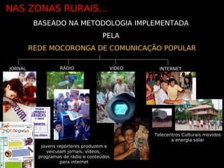 NAS ZONAS RURAIS...
          BASEADO NA METODOLOGIA IMPLEMENTADA
                                     PELA
         REDE MOCORONGA DE COMUNICAÇÃO POPULAR

JORNAL              RÁDIO               VÍDEO     INTERNET




                                                Telecentros Culturais movidos
                                                       a energia solar
            jovens repórteres produzem e
              veiculam jornais, vídeos,
           programas de rádio e conteúdos
                    para internet
 