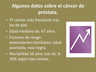 Algunos datos sobre el cáncer de
              próstata.
• 2º cáncer más frecuente tras
  los de piel.
• Edad mediana dx: ...