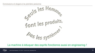 Olivier Soulié Strasbourg – 24/11/2017 – Lean Tour Est - présentation PSA
Conclusions et slogans à la première personne
15
La machine à éduquer des esprits fonctionne aussi en engineering !
 