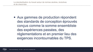 Olivier Soulié Strasbourg – 24/11/2017 – Lean Tour Est - présentation PSA
La standardisation du travail autour de normes sévères, évolutives
et de check-lists
• Aux gammes de production répondent
des standards de conception éprouvés
conçus comme la somme ensembliste
des expériences passées, des
réglementations et en premier lieu des
exigences incontournables du TPS.
7
 
