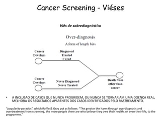 Cancer Screening - Viéses
• A INCLUSAO DE CASOS QUE NUNCA PROGRIDEM, OU NUNCA SE TORNARIAM UMA DOENÇA REAL,
MELHORA OS RESULTADOS APARENTES DOS CASOS IDENTIFICADOS PELO RASTREAMENTO.
“popularity paradox”, which Raffle & Gray put as follows: “The greater the harm through overdiagnosis and
overtreatment from screening, the more people there are who believe they owe their health, or even their life, to the
programme.”
Viés de sobrediagnóstico
 