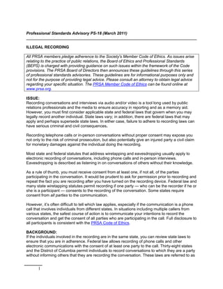 Professional Standards Advisory PS-18 (March 2011)


ILLEGAL RECORDING

All PRSA members pledge adherence to the Society's...
