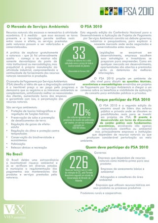PSA 2010
O Mercado de Serviços Ambientais                                     O PSA 2010
Recursos naturais são escassos e necessários à atividade Esta segunda edição da Conferência Nacional para o
econômica. E à medida que essa escassez se torna Desenvolvimento e Aplicação de Projetos de Pagamento
presente e a tecnologia permite análises reais             por Serviços Ambientais convida ao debate governos,
entre causa e efeito, os serviços prestados                      indústrias e pesquisadores, para explorar o
pela natureza passam a ser valorizados e                            nascente mercado onde serão negociados e



                                                         33
comercializados.                                                      comercializados estes recursos.
A prática de explorar gratuitamente                                                      Legislações    se    encontram     em
a natureza - que já foi universalmente                                                    desenvolvimento, empresas escolhem
aceita - começa a se mostrar não                                                          suas estratégias e investidores se
somente desvantajosa do ponto de                   trilhões de dólares foi o valor        preparam para empreender. Como em
vista institucional ou mercadológico, mas        calculado como o preço de toda a         qualquer mercado em desenvolvimento,
                                                     biodiversidade do planeta
prejudicial à própria manutenção da                                                       oportunidades são abertas e premiados
atividade industrial, compromentendo a              (Universidade de Vermont, EUA)       serão os detentores da melhores
continuidade de fornecimento dos recursos                                               informações.
naturais necessários à produção.
                                                                               O PSA 2010 propõe um ambiente de
O conceito de Pagamento por Serviços Ambientais                            alto nível para discutir as questões técnicas,
(PSA) desafia a idéia de que a degradação ambiental               econômicas e mercadológicas envolvidas em projetos
é o inevitável preço a ser pago pelo progresso e de Pagamento por Serviços Ambientais e chegar a um
demonstra que os negócios e os interesses ambientais se consenso sobre os benefícios e viabilidade de aplicação
complementam, satisfazendo melhor as necessidades                    do conceito para entidades públicas e privadas.
dos clientes, aumentando lucros das empesas
e garantindo com isso, a perpetuação dos                                        Porque participar do PSA 2010
recursos naturais.



                                                          70%
                                                                                  O PSA 2010 é a segunda edição do
São serviços ambientais:                                                           encontro anual de líders das esferas
• Proteção de bacias hidrográficas e
    regulação de funções hídricas
• Preservação de solos e prevenção
                                                   %
                                                das culturas agrícolas mais
                                                                                   pública e privada onde se discutem as
                                                                                   possibilidades reais para se investir
                                                                                   em projetos de PSA. O evento é
    de deselizamentos de terra              produtivas do mundo são polinizadas    desenvolvido em torno de discussões
                                             por insetos, um serviço ambiental     de caráter prático com fundamentos
• Regulação de gazes de efeito-                         estimado em
    estufa                                                                        econômicos, envolvendo não apenas
                                                      US$ 190 bilhões            a comunidade científica ou ambiental
• Regulação do clima e proteção contra                                          mas principalmente empresas e instituições
    tempestades                                                              que dependem de recursos naturais ou que
• Conservação da biodiversidade e                                      produzam considerável perturbação ao meio
    ecossistemas                                               ambiente.
• Polinização
• Belezas cênicas e recreação                                         Quem deve participar do PSA 2010
                                                                                     Governos
No Brasil


                                                      226
                                                                                        Empresas que dependam de recursos
O Brasil detém uma extraordinária                                                        naturais como matéria-prima para seus
e incontestável riqueza ambiental e                                                       produtos
já se verificam em diversos estados
e municípios a regulamentação dos                 Reais por hectare/ano é o valor         Empresas de saneamento básico e
pagamentos aos mantenedores dos                  da retenção de CO2 pela Floresta         ambiental
produtos e serviços prestados pela               Amazônica segundo um estudo da
natureza.                                           Universidade de Utrecht, da           Advogados e consultores da área
                                                             Holanda,                    ambiental
                                                                                       Empresas que utilizam recursos hídricos em
                                                                                     seus produtos ou processos produtivos
                                                                     Produtores rurais e cooperativas
 