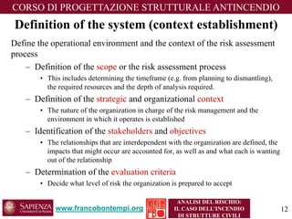 Definition of the system (context establishment) 
www.francobontempi.org 
CORSO DIPROGETTAZIONE STRUTTURALE ANTINCENDIO 
ANALISI DEL RISCHIO: 
IL CASO DELL’INCENDIO DI STRUTTURE CIVILI 
Define the operational environment and the context of the risk assessment process 
–Definition of the scopeor the risk assessment process 
•This includes determining the timeframe (e.g. from planning to dismantling), the required resources and the depth of analysis required. 
–Definition of the strategic and organizational context 
•The nature of the organization in charge of the risk management and the environment in which it operates is established 
–Identification of the stakeholdersand objectives 
•The relationships that are interdependent with the organization are defined, the impacts that might occur are accounted for, as well as and what each is wanting out of the relationship 
–Determination of the evaluation criteria 
•Decide what level of risk the organization is prepared to accept 
12 
 