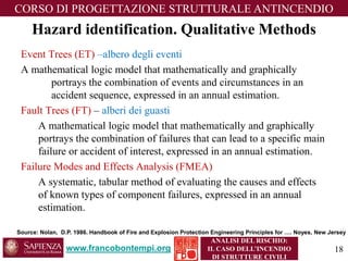 Hazard identification. Qualitative Methods 
www.francobontempi.org 
CORSO DIPROGETTAZIONE STRUTTURALE ANTINCENDIO 
ANALISI DEL RISCHIO: 
IL CASO DELL’INCENDIO DI STRUTTURE CIVILI 
Event Trees (ET) –alberodeglieventi 
A mathematical logic model that mathematically and graphically portrays the combination of events and circumstances in an accident sequence, expressed in an annual estimation. 
Fault Trees (FT) –alberideiguasti 
A mathematical logic model that mathematically and graphically portrays the combination of failures that can lead to a specific main failure or accident of interest, expressed in an annual estimation. 
Failure Modes and Effects Analysis (FMEA) 
A systematic, tabular method of evaluating the causes and effects of known types of component failures, expressed in an annual estimation. 
Source: Nolan, D.P. 1986. Handbook of Fire and Explosion Protection Engineering Principles for …. Noyes, New Jersey 18 
 
