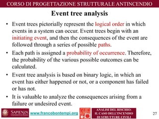 www.francobontempi.org 
CORSO DIPROGETTAZIONE STRUTTURALE ANTINCENDIO 
ANALISI DEL RISCHIO: 
IL CASO DELL’INCENDIO DI STRUTTURE CIVILI 
Event tree analysis 
•Event trees pictorially represent the logical order in which events in a system can occur. Event trees begin with an initiating event, and then the consequences of the event are followed through a series of possible paths. 
•Each path is assigned a probability of occurrence. Therefore, the probability of the various possible outcomes can be calculated. 
•Event tree analysis is based on binary logic, in which an event has either happened or not, or a component has failed or has not. 
•It is valuable to analyze the consequences arising from a failure or undesired event. 
27 
 