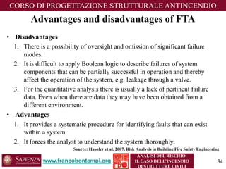 www.francobontempi.org 
CORSO DIPROGETTAZIONE STRUTTURALE ANTINCENDIO 
ANALISI DEL RISCHIO: 
IL CASO DELL’INCENDIO DI STRUTTURE CIVILI 
Advantages and disadvantages of FTA 
•Disadvantages 
1.There is a possibility of oversight and omission of significant failure modes. 
2.It is difficult to apply Boolean logic to describe failures of system components that can be partially successful in operation and thereby affect the operation of the system, e.g. leakage through a valve. 
3.For the quantitative analysis there is usually a lack of pertinent failure data. Even when there are data they may have been obtained from a different environment. 
•Advantages 
1.It provides a systematic procedure for identifying faults that can exist within a system. 
2.It forces the analyst to understand the system thoroughly. 
Source: Hasoferet al. 2007, Risk Analysis in Building Fire Safety Engineering 
34 
 