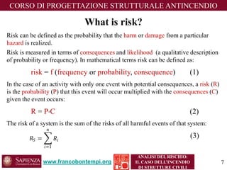 Whatisrisk? 
Risk can be defined as the probability that the harmor damagefrom a particular hazardis realized. 
Risk is measured in terms of consequencesand likelihood(a qualitative description of probability or frequency). In mathematical terms risk can be defined as: 
risk= f(frequencyor probability, consequence) (1) 
In the case of an activity with only one event with potential consequences, a risk(R) is the probability(P) that this event will occur multiplied with the consequences(C) given the event occurs: 
R= PC(2) 
The risk of a system is the sum of the risks of all harmful events of that system: 
(3) 
www.francobontempi.org 
CORSO DIPROGETTAZIONE STRUTTURALE ANTINCENDIO 
ANALISI DEL RISCHIO: 
IL CASO DELL’INCENDIO DI STRUTTURE CIVILI 
푅푆= 푅푖 푛 푖=1 7 
 