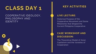 KEY ACTIVITIES
CLASS DAY 1
COOPERATIVE IDEOLOGY,
PHILOSOPHY AND
IDENTITY
LIVE LECTURE:
Historical Purpose of the
Cooperative Movement and Some
Milestones that Shaped the
Current Philippine Cooperative
CASE WORKSHOP AND
DISCUSSION:
The Theoretical Model of Asian
Capitalism and the Varieties of
Cooperation
 