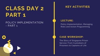 KEY ACTIVITIES
CLASS DAY 2
PART 1
POLICY IMPLEMENTATION
- PART 1
LECTURE:
Policy Implementation, Managing
Risks and Action Programming
CASE WORKSHOP:
The Story of Singapore Prison
Service: From Custodians of
Prisoners to Captains of Life
 
