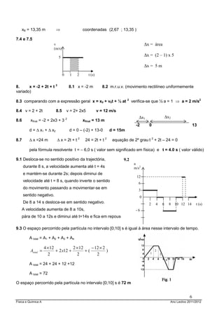 xB = 13,35 m            ⇒                  coordenadas (2,67 ; 13,35 )

7.4 e 7.5
                          v                                                            ∆x = área
                          (m/s)

                             5
                                                                                       ∆x = (2 – 1) x 5

                                                                                       ∆x = 5 m
                                  0    1   2       t (s)


8.     x = -2 + 2t + t 2               8.1 x = -2 m           8.2 m.r.u.v. (movimento rectilíneo uniformemente
variado)
                                                                           2
8.3 comparando com a expressão geral x = x0 + v0t + ½ at                       verifica-se que ½ a = 1 ⇒ a = 2 m/s2

8.4 v = 2 + 2t              8.5       v = 2+ 2x5           v = 12 m/s
                                                                                   ∆x1                    ∆x2
8.6       xfinal = -2 + 2x3 + 3 2              xfinal = 13 m
                                                                                 -2      0                                     13
         d = ∆ x1 + ∆ x2               d = 0 – (-2) + 13-0       d = 15m

8.7      ∆ x =24 m          ∆ x = 2t + t 2      24 = 2t + t 2      equação de 2º grau t 2 + 2t – 24 = 0

         pela fórmula resolvente t = − 6,0 s ( valor sem significado em física) e t = 4.0 s ( valor válido)

9.1 Desloca-se no sentido positivo da trajectória,                       9.2
                                                                                a
      durante 8 s, a velocidade aumenta até t = 4s                              m/s2
      e mantém-se durante 2s; depois diminui de
                                                                                 12
      velocidade até t = 8 s, quando inverte o sentido
                                                                                  6
      do movimento passando a movimentar-se em                                    3
      sentido negativo.                                                            0
      De 8 a 14 s desloca-se em sentido negativo.                                        2    4       6       8   10 12 14      t (s)
    A velocidade aumenta de 8 a 10s,                                             -6
    pára de 10 a 12s e diminui até t=14s e fica em repouso

9.3 O espaço percorrido pela partícula no intervalo [0;10] s é igual à área nesse intervalo de tempo.

         A total = A1 + A2 + A3 + A4

                     4 × 12           2 × 12    − 12 × 2
          Atotal =          + 2 x12 +        +(          )                                1
                                                                                              2
                       2                2          2                                              3
                                                                                                          4
         A total = 24 + 24 + 12 +12

         A total = 72

O espaço percorrido pela partícula no intervalo [0;10] s é 72 m


                                                                                                                           6
Física e Química A                                                                                            Ano Lectivo 2011/2012
 