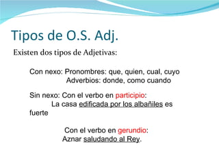 Tipos de O.S. Adj. Existen dos tipos de Adjetivas: Con nexo: Pronombres: que, quien, cual, cuyo Adverbios: donde, como cuando Sin nexo: Con el verbo en  participio :  La casa  edificada por los albañiles  es fuerte     Con el verbo en  gerundio :  Aznar  saludando al Rey . 
