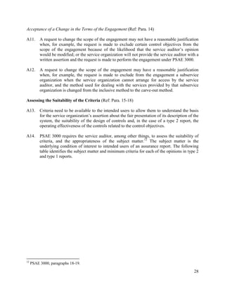 28
Acceptance of a Change in the Terms of the Engagement (Ref: Para. 14)
A11. A request to change the scope of the engagement may not have a reasonable justification
when, for example, the request is made to exclude certain control objectives from the
scope of the engagement because of the likelihood that the service auditor’s opinion
would be modified; or the service organization will not provide the service auditor with a
written assertion and the request is made to perform the engagement under PSAE 3000.
A12. A request to change the scope of the engagement may have a reasonable justification
when, for example, the request is made to exclude from the engagement a subservice
organization when the service organization cannot arrange for access by the service
auditor, and the method used for dealing with the services provided by that subservice
organization is changed from the inclusive method to the carve-out method.
Assessing the Suitability of the Criteria (Ref: Para. 15-18)
A13. Criteria need to be available to the intended users to allow them to understand the basis
for the service organization’s assertion about the fair presentation of its description of the
system, the suitability of the design of controls and, in the case of a type 2 report, the
operating effectiveness of the controls related to the control objectives.
A14. PSAE 3000 requires the service auditor, among other things, to assess the suitability of
criteria, and the appropriateness of the subject matter.12
The subject matter is the
underlying condition of interest to intended users of an assurance report. The following
table identifies the subject matter and minimum criteria for each of the opinions in type 2
and type 1 reports.
12
PSAE 3000, paragraphs 18-19.
 