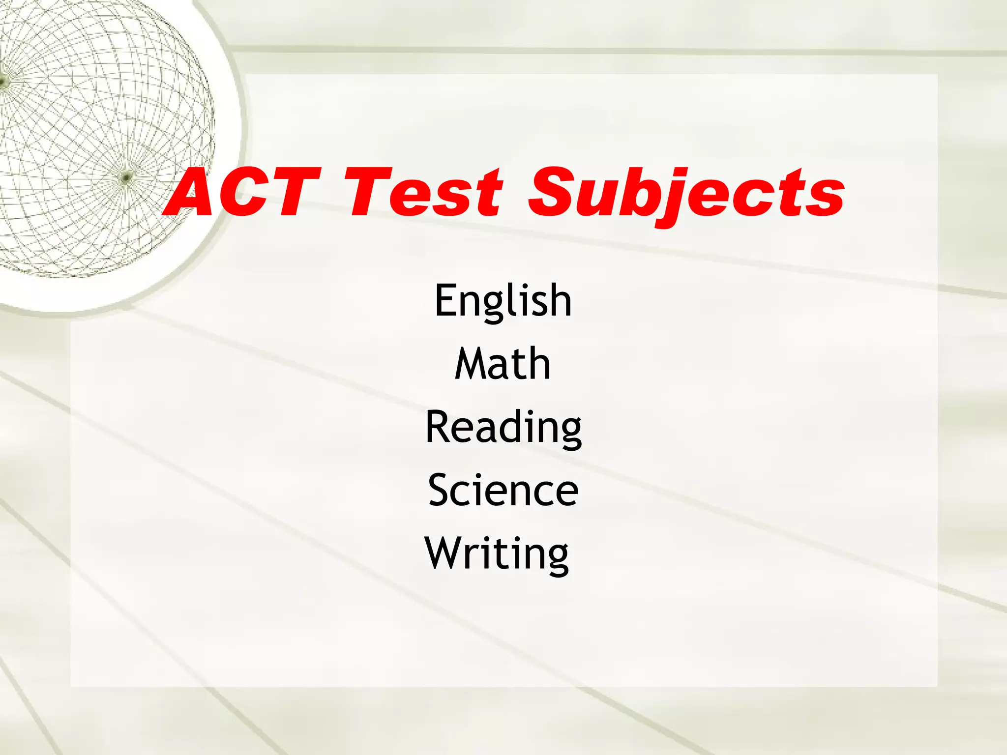 ACT Test Subjects English Math Reading Science Writing  
