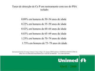 Taxas de detecção de Ca P em rastreamento com uso do PSA
                         isolado:


               0.09% em homens de 50–54 anos de idade
               0.22% em homens de 55–59 anos de idade
               0.42% em homens de 60–64 anos de idade
               0.83% em homens de 65–69 anos de idade
               1.25% em homens de 70–74 anos de idade
                1.75% em homens de 75–79 anos de idade


International Journal of Urology Volume 15 Issue 1 Page 1-18, January 2008 Guidelines: EVIDENCE-BASED CLINICAL
              PRACTICE GUIDELINES FOR PROSTATE CANCER (SUMMARY – JUA 2006 EDITION)




                                                                                Abril / 2008
 