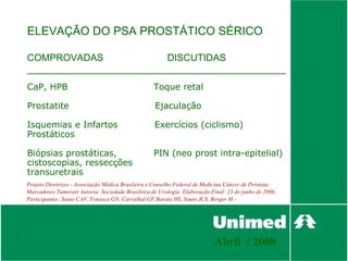 ELEVAÇÃO DO PSA PROSTÁTICO SÉRICO

COMPROVADAS               DISCUTIDAS
________________________________________________
CaP, HPB                                          Toque retal

Prostatite                                         Ejaculação

Isquemias e Infartos                               Exercícios (ciclismo)
Prostáticos

Biópsias prostáticas,                             PIN (neo prost intra-epitelial)
cistoscopias, ressecções
transuretrais
Projeto Diretrizes - Associação Médica Brasileira e Conselho Federal de Medicina Câncer de Próstata:
Marcadores Tumorais Autoria: Sociedade Brasileira de Urologia Elaboração Final: 23 de junho de 2006;
Participantes: Souto CAV, Fonseca GN, Carvalhal GF,Barata HS, Souto JCS, Berger M -




                                                                           Abril / 2008
 
