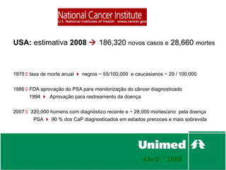 USA: estimativa 2008  186,320 novos casos e 28,660 mortes



1970  taxa de morte anual  negros ~ 55/100,000 e caucasianos ~ 29 / 100,000

1986  FDA aprovação do PSA para monitorização do câncer diagnosticado
       1994  Aprovação para rastreamento da doença

2007  220,000 homens com diagnóstico recente e ~ 28,000 mortes/ano pela doença
        PSA  90 % dos CaP diagnosticados em estados precoces e mais sobrevida




                                                      Abril / 2008
 