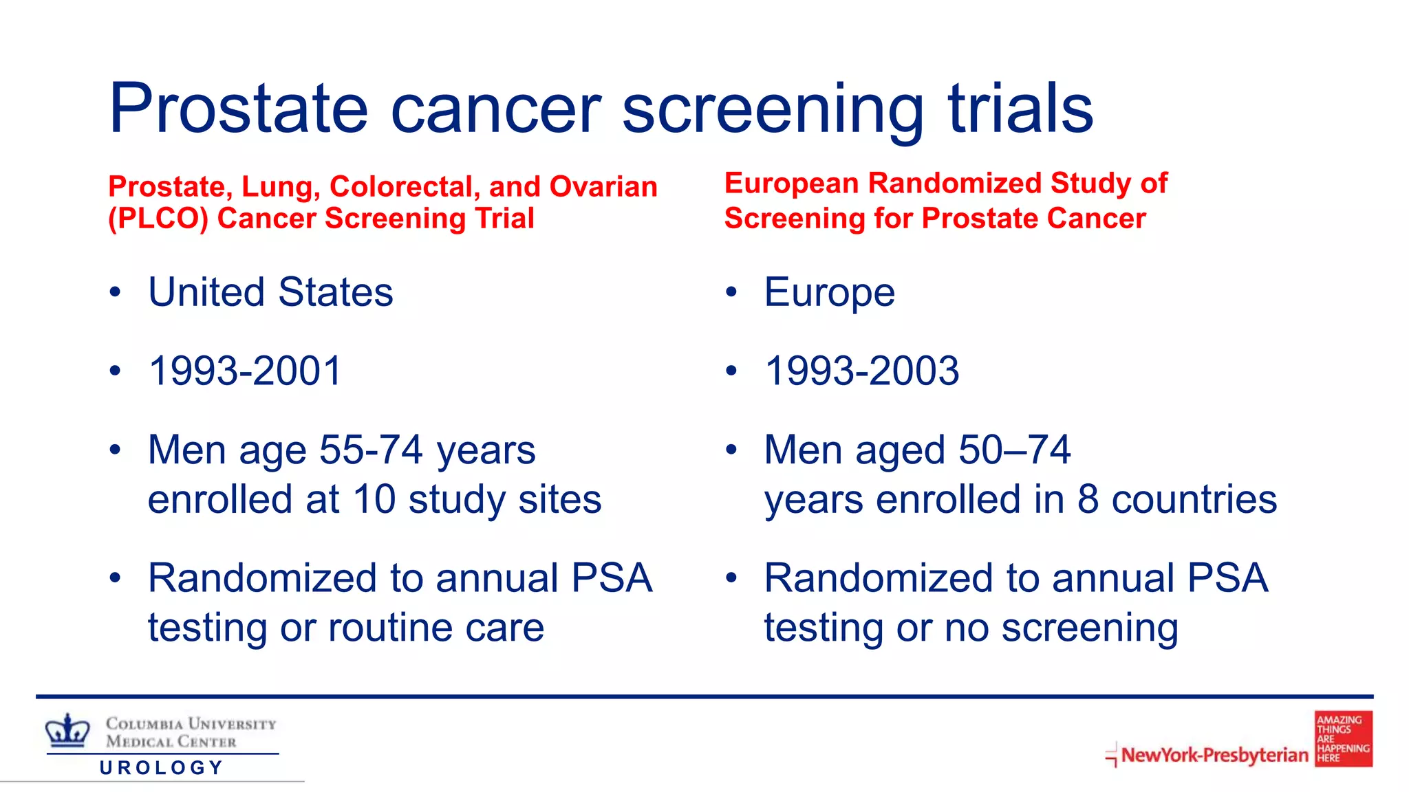 U R O L O G Y
Prostate cancer screening trials
Prostate, Lung, Colorectal, and Ovarian
(PLCO) Cancer Screening Trial
• United States
• 1993-2001
• Men age 55-74 years
enrolled at 10 study sites
• Randomized to annual PSA
testing or routine care
European Randomized Study of
Screening for Prostate Cancer
• Europe
• 1993-2003
• Men aged 50–74
years enrolled in 8 countries
• Randomized to annual PSA
testing or no screening
 