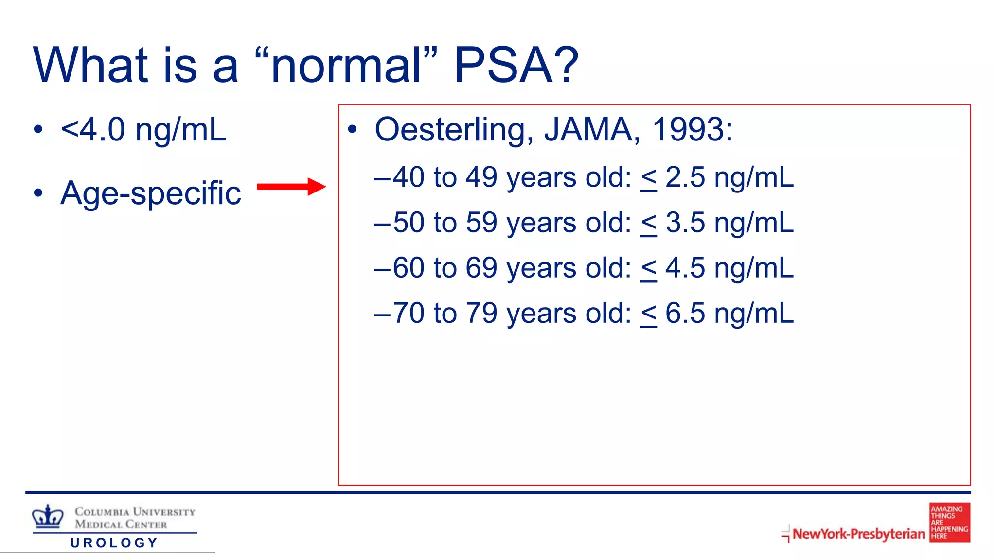 U R O L O G Y
What is a “normal” PSA?
• <4.0 ng/mL
• Age-specific
• Oesterling, JAMA, 1993:
–40 to 49 years old: < 2.5 ng/mL
–50 to 59 years old: < 3.5 ng/mL
–60 to 69 years old: < 4.5 ng/mL
–70 to 79 years old: < 6.5 ng/mL
 