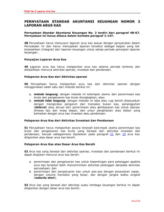 PSAK No.2 Laporan Arus Kas
14 of 24
PERNYATAAN STANDAR AKUNTANSI KEUANGAN NOMOR 2
LAPORAN ARUS KAS
Pernyataan Standar Akuntansi Keuangan No. 2 terdiri dari paragraf 48-67.
Pernyataan ini harus dibaca dalam konteks paragraf 1-147.
48 Perusahaan harus menyusun laporan arus kas sesuai dengan persyaratan dalam
Pernyataan ini dan harus menyajikan laporan tersebut sebagai bagian yang tak
terpisahkan (integral) dari laporan keuangan untuk setiap periode penyajian laporan
keuangan .
Penyajian Laporan Arus Kas
49 Laporan arus kas harus melaporkan arus kas selama periode tertentu dan
diklasifikasi menurut aktivitas operasi, investasi dan pendanaan.
Pelaporan Arus Kas dari Aktivitas operasi
50 Perusahaan harus melaporkan arus kas dari aktivitas operasi dengan
menggunakan salah satu dari metode berikut ini:
a. metode langsung: dengan metode ini kelompok utama dari penerimaan kas
bruto dan pengeluaran kas bruto diungkapkan; atau
b. metode tidak langsung: dengan metode ini laba atau rugi bersih disesuaikan
dengan mengoreksi pengaruh dari transaksi bukan kas, penangguhan
(deferral) atau akrual dari penerimaan atau pembayaran kas untuk operasi
dimasa lalu dan masa depan, dan unsur penghasilan atau beban yang
berkaitan dengan arus kas investasi atau pendanaan.
Pelaporan Arus Kas dari Aktivitas Investasi dan Pendanaan
51 Perusahaan harus melaporkan secara terpisah kelo mpok utama penerimaan kas
bruto dan pengeluaran kas bruto yang berasal dari aktivitas investasi dan
pendanaan, kecuali sebagaimana dijelaskan pada paragraf 21 dan 23 arus kas
dilaporkan atas dasar arus kas bersih.
Pelaporan Arus Kas atas Dasar Arus Kas Bersih
52 Arus kas yang berasal dari aktivitas operasi, investasi dan pendanaan berikut ini
dapat disajikan menurut arus kas bersih:
a. penerimaan dan pengeluaran kas untuk kepentingan para pelanggan apabila
arus kas tersebut lebih mencerminkan aktivitas pelanggan daripada aktivitas
perusahaan; dan
b. penerimaan dan pengeluaran kas untuk pos-pos dengan perputaran cepat,
dengan volume transaksi yang besar, dan dengan jangka waktu singkat
(maturity short).
53 Arus kas yang berasal dari aktivitas suatu lembaga keuangan berikut ini dapat
dilaporkan dengan dasar arus kas bersih:
 