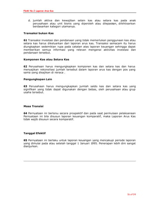 PSAK No.2 Laporan Arus Kas
16 of 24
d. jumlah aktiva dan kewajiban selain kas atau setara kas pada anak
perusahaan atau unit bisnis yang diperoleh atau dilepaskan, diikhtisarkan
berdasarkan kategori utamanya.
Transaksi bukan Kas
61 Transaksi investasi dan pendanaan yang tidak memerlukan penggunaan kas atau
setara kas harus dikeluarkan dari laporan arus kas. Transaksi semacam itu harus
diungkapkan sedemikian rupa pada catatan atas laporan keuangan sehingga dapat
memberikan semua informasi yang relevan mengenai aktivitas investasi dan
pendanaan tersebut.
Komponen Kas atau Setara Kas
62 Perusahaan harus mengungkapkan komponen kas dan setara kas dan harus
menyajikan rekonsiliasi jumlah tersebut dalam laporan arus kas dengan pos yang
sama yang disajikan di neraca .
Pengungkapan Lain
63 Perusahaan harus mengungkapkan jumlah saldo kas dan setara kas yang
signifikan yang tidak dapat digunakan dengan bebas, oleh perusahaan atau grup
usaha tersebut.
Masa Transisi
64 Pernyataan ini berla ku secara prospektif dan pada saat permulaan pelaksanaan
Pernyataan ini bila disusun laporan keuangan komparatif, maka Laporan Arus Kas
tidak wajib disusun secara komparatif.
Tanggal Efektif
65 Pernyataan ini berlaku untuk laporan keuangan yang mencakupi periode laporan
yang dimulai pada atau setelah tanggal 1 Januari 1995. Penerapan lebih dini sangat
dianjurkan.
 