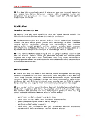 PSAK No.2 Laporan Arus Kas
5 of 24
08 Arus kas tidak mencakupi mutasi di antara pos-pos yang termasuk dalam kas
atau setara kas, karena komponen tersebut lebih merupakan bagian dari
pengelolaan kas perusahaan dan bukan sebagai bagian dari aktivitas operasi,
investasi dan pendanaan .
PENJELASAN
Penyajian Laporan Arus Kas
09 Laporan arus kas harus melaporkan arus kas selama periode tertentu dan
diklasifikasi menurut aktivitas operasi, investasi dan pendanaan.
10 Perusahaan menyajikan arus kas dari aktivitas operasi, investasi dan pendanaan
dengan cara yang paling sesuai dengan bisnis perusahaan tersebut. Klasifikasi
menurut aktivitas memberika n informasi yang memungkinkan para pengguna
laporan untuk menilai pengaruh aktivitas tersebut terhadap posisi keuangan
perusahaan serta terhadap jumlah kas dan setara kas. Informasi tersebut dapat juga
digunakan untuk mengevaluasi hubungan di antara ketiga aktivitas tersebut.
11 Suatu transaksi tertentu dapat meliputi arus kas yang diklasifikasi ke dalam lebih
dari satu aktivitas. Sebagai contoh, jika pelunasan pinjaman bank meliputi pokok
pinjaman dan bunga, maka bunga merupakan unsur yang dapat diklasifikasikan
sebagai aktivitas operasi dan pokok pinjaman merupakan unsur yang diklasifikasikan
sebagai aktivitas pendanaan.
Aktivitas operasi
12 Jumlah arus kas yang berasal dari aktivitas operasi merupakan indikator yang
menentukan apakah dari operasinya perusahaan dapat menghasilkan arus kas yang
cukup untuk melunasi pinja man, memelihara kemampuan operasi perusahaan,
membayar dividen dan melakukan investasi baru tanpa mengandalkan pada sumber
pendanaan dari luar. Informasi mengenai unsur tertentu arus kas historis bersama
dengan informasi lain, berguna dalam memprediksi arus kas operasi masa depan.
13 Arus kas dari aktivitas operasi terutama diperoleh dari aktivitas penghasil utama
pendapatan perusahaan. Oleh karena itu, arus kas tersebut pada umumnya berasal
dari transaksi dan peristiwa lain yang mempengaruhi penetapan laba atau rugi
bersih. Beberapa contoh arus kas dari aktivitas operasi adalah:
- penerimaan kas dari penjualan barang dan jasa;
- penerimaan kas dari royalti, fees, komisi dan pendapatan lain;
- pembayaran kas kepada pemasok barang dan jasa;
- pembayaran kas kepada karyawan;
- penerimaan dan pembayaran kas oleh perusahaan asuransi sehubungan
dengan premi, klaim, anuitas dan manfaat asuransi lainnya;
 