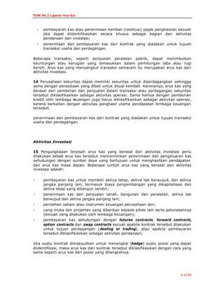 PSAK No.2 Laporan Arus Kas
6 of 24
- pembayaran kas atau penerimaan kembali (restitusi) pajak penghasilan kecuali
jika dapat diidentifikasikan secara khusus sebagai bagian dari aktivitas
pendanaan dan investasi;
- penerimaan dan pembayaran kas dari kontrak yang diadakan untuk tujuan
transaksi usaha dan perdagangan.
Beberapa transaksi, seperti penjualan peralatan pabrik, dapat menimbulkan
keuntungan atau kerugian yang dimasukkan dalam perhitungan laba atau rugi
bersih. Arus kas yang menyangkut transaksi semacam itu merupakan arus kas dari
aktivitas investasi.
14 Perusahaan sekuritas dapat memiliki sekuritas untuk diperdagangkan sehingga
sama dengan persediaan yang dibeli untuk dijual kembali. Karenanya, arus kas yang
berasal dari pembelian dan penjualan dalam transaksi atau perdagangan sekuritas
tersebut diklasifikasikan sebagai aktivitas operasi. Sama halnya dengan pemberian
kredit oleh lembaga keuangan juga harus diklasifikasikan sebagai aktivitas operasi,
karena berkaitan dengan aktivitas penghasil utama pendapatan lembaga keuangan
tersebut.
penerimaan dan pembayaran kas dari kontrak yang diadakan untuk tujuan transaksi
usaha dan perdagangan.
Aktivitas Investasi
15 Pengungkapan terpisah arus kas yang berasal dari aktivitas investasi perlu
dilakukan sebab arus kas tersebut mencerminkan penerimaan dan pengeluaran kas
sehubungan dengan sumber daya yang bertujuan untuk menghasilkan pendapatan
dan arus kas masa depan. Beberapa contoh arus kas yang berasal dari aktivitas
investasi adalah:
- pembayaran kas untuk membeli aktiva tetap, aktiva tak berwujud, dan aktiva
jangka panjang lain, termasuk biaya pengembangan yang dikapitalisasi dan
aktiva tetap yang dibangun sendiri;
- penerimaan kas dari penjualan tanah, bangunan dan peralatan, aktiva tak
berwujud dan aktiva jangka panjang lain;
- perolehan saham atau instrumen keuangan perusahaan lain;
- uang muka dan pinjaman yang diberikan kepada pihak lain serta pelunasannya
(kecuali yang dilakukan oleh lembaga keuangan);
- pembayaran kas sehubungan dengan futures contracts, forward contracts,
option contracts dan swap contracts kecuali apabila kontrak tersebut dilakukan
untuk tujuan perdagangan (dealing or trading), atau apabila pembayaran
tersebut diklasifikasikan sebagai aktivitas pendanaan;
Jika suatu kontrak dimaksudkan untuk menangkal (hedge) suatu posisi yang dapat
diidentifikasi, maka arus kas dari kontrak tersebut diklasifikasikan dengan cara yang
sama seperti arus kas dari posisi yang ditangkalnya.
 