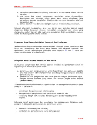 PSAK No.2 Laporan Arus Kas
8 of 24
a. perubahan persediaan dan piutang usaha serta hutang usaha selama periode
berjalan;
b. pos bukan kas seperti penyusutan, penyisihan, pajak ditangguhkan,
keuntungan dan kerugian valuta asing yang belum direalisasi, laba
perusahaan asosiasi yang belum dibagikan dan hak minoritas dalam laba/rugi
konsolidasi; dan
c. semua pos lain yang berkaitan dengan arus kas investasi atau pendanaan.
Sebagai alternatif, berdasarkan arus kas bersih dari aktivitas operasi dapat
dilaporkan (tidak langsung) dengan menyajikan pendapatan dan beban yang
diungkapkan dalam laporan laba rugi serta perubahan dalam persediaan, piutang
usaha dan hutang usaha selama periode.
Pelaporan Arus Kas dari Aktivitas Investasi dan Pendanaan
20 Perusahaan harus melaporkan secara terpisah kelompok utama penerimaan kas
bruto dan pengeluaran kas bruto yang berasal dari aktivitas investasi dan
pendanaan, kecuali sebagaimana dijelaskan pada paragraf 21 dan 23 arus kas
dilaporkan atas dasar arus kas bersih.
Pelaporan Arus Kas atas Dasar Arus Kas Bersih
21 Arus kas yang berasal dari aktivitas operasi, investasi dan pendanaan berikut ini
dapat disajikan menurut arus kas bersih:
a. penerimaan dan pengeluaran kas untuk kepentingan para pelanggan apabila
arus kas tersebut lebih mencerminkan aktivitas pelanggan daripada aktivitas
perusahaan; dan
b. penerimaan dan pengeluaran kas untuk pos-pos dengan perputaran cepat,
dengan volume transaksi yang besar, dan dengan jangka waktu singkat
(maturity short).
22 Beberapa contoh penerimaan dan pembayaran kas sebagaimana dijelaskan pada
paragraf 21 (a) adalah:
- penerimaan dan pembayaran rekening giro;
- dana pelanggan yang dikelola oleh perusahaan investasi; dan
- sewa yang ditagih oleh pengelola dan selanjutnya disetor kepada pemilik
properti.
Beberapa contoh penerimaan dan pengeluaran kas sebagaimana dijelaskan pada
paragraf 21 (b) adalah pembayaran dan penerimaan untuk:
- transaksi kartu kredit para nasabah;
- pembelian dan penjualan surat-surat berharga; dan
 