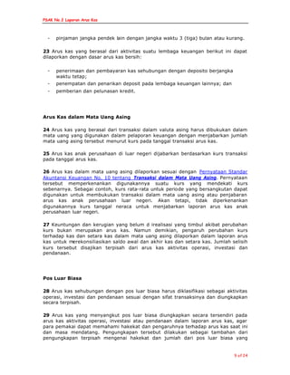 PSAK No.2 Laporan Arus Kas
9 of 24
- pinjaman jangka pendek lain dengan jangka waktu 3 (tiga) bulan atau kurang.
23 Arus kas yang berasal dari aktivitas suatu lembaga keuangan berikut ini dapat
dilaporkan dengan dasar arus kas bersih:
- penerimaan dan pembayaran kas sehubungan dengan deposito berjangka
waktu tetap;
- penempatan dan penarikan deposit pada lembaga keuangan lainnya; dan
- pemberian dan pelunasan kredit.
Arus Kas dalam Mata Uang Asing
24 Arus kas yang berasal dari transaksi dalam valuta asing harus dibukukan dalam
mata uang yang digunakan dalam pelaporan keuangan dengan menjabarkan jumlah
mata uang asing tersebut menurut kurs pada tanggal transaksi arus kas.
25 Arus kas anak perusahaan di luar negeri dijabarkan berdasarkan kurs transaksi
pada tanggal arus kas.
26 Arus kas dalam mata uang asing dilaporkan sesuai dengan Pernyataan Standar
Akuntansi Keuangan No. 10 tentang Transaksi dalam Mata Uang Asing. Pernyataan
tersebut memperkenankan digunakannya suatu kurs yang mendekati kurs
sebenarnya. Sebagai contoh, kurs rata-rata untuk periode yang bersangkutan dapat
digunakan untuk membukukan transaksi dalam mata uang asing atau penjabaran
arus kas anak perusahaan luar negeri. Akan tetapi, tidak diperkenankan
digunakannya kurs tanggal neraca untuk menjabarkan laporan arus kas anak
perusahaan luar negeri.
27 Keuntungan dan kerugian yang belum d irealisasi yang timbul akibat perubahan
kurs bukan merupakan arus kas. Namun demikian, pengaruh perubahan kurs
terhadap kas dan setara kas dalam mata uang asing dilaporkan dalam laporan arus
kas untuk merekonsiliasikan saldo awal dan akhir kas dan setara kas. Jumlah selisih
kurs tersebut disajikan terpisah dari arus kas aktivitas operasi, investasi dan
pendanaan.
Pos Luar Biasa
28 Arus kas sehubungan dengan pos luar biasa harus diklasifikasi sebagai aktivitas
operasi, investasi dan pendanaan sesuai dengan sifat transaksinya dan diungkapkan
secara terpisah.
29 Arus kas yang menyangkut pos luar biasa diungkapkan secara tersendiri pada
arus kas aktivitas operasi, investasi atau pendanaan dalam laporan arus kas, agar
para pemakai dapat memahami hakekat dan pengaruhnya terhadap arus kas saat ini
dan masa mendatang. Pengungkapan tersebut dilakukan sebagai tambahan dari
pengungkapan terpisah mengenai hakekat dan jumlah dari pos luar biasa yang
 