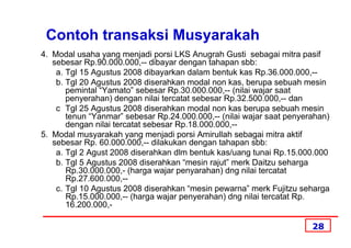 Contoh transaksi Musyarakah
4. Modal usaha yang menjadi porsi LKS Anugrah Gusti sebagai mitra pasif
   sebesar Rp.90.000.000,-- dibayar dengan tahapan sbb:
    a. Tgl 15 Agustus 2008 dibayarkan dalam bentuk kas Rp.36.000.000,--
    b. Tgl 20 Agustus 2008 diserahkan modal non kas, berupa sebuah mesin
       pemintal “Yamato” sebesar Rp.30.000.000,-- (nilai wajar saat
       penyerahan) dengan nilai tercatat sebesar Rp.32.500.000,-- dan
    c Tgl 25 Agustus 2008 diserahkan modal non kas berupa sebuah mesin
       tenun “Yanmar” sebesar Rp.24.000.000,-- (nilai wajar saat penyerahan)
       dengan nilai tercatat sebesar Rp.18.000.000,--
5. Modal musyarakah yang menjadi porsi Amirullah sebagai mitra aktif
   sebesar Rp. 60.000.000,-- dilakukan dengan tahapan sbb:
    a. Tgl 2 Agust 2008 diserahkan dlm bentuk kas/uang tunai Rp.15.000.000
    b. Tgl 5 Agustus 2008 diserahkan “mesin rajut” merk Daitzu seharga
       Rp.30.000.000,- (harga wajar penyarahan) dng nilai tercatat
       Rp.27.600.000,--
    c. Tgl 10 Agustus 2008 diserahkan “mesin pewarna” merk Fujitzu seharga
       Rp.15.000.000,-- (harga wajar penyerahan) dng nilai tercatat Rp.
       16.200.000,-

                                                                       28
 