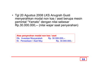 • Tgl 20 Agustus 2008 LKS Anugrah Gusti
  menyerahkan modal non kas / aset berupa mesin
  pemintal “Yamato” dengan nilai sebesar
  Rp.30.000.000,-- (nilai wajar saat penyerahan)


   Atas penyerahan modal non kas / aset
   Db. Investasi Musyarakah   Rp. 30.000.000,--
   Kr. Persediaan / Aset Msy           Rp. 30.000.000,-




                                                          32
 