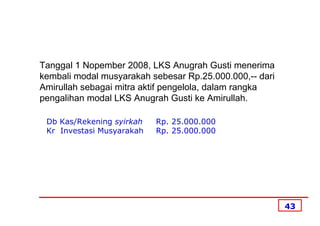 Tanggal 1 Nopember 2008, LKS Anugrah Gusti menerima
kembali modal musyarakah sebesar Rp.25.000.000,-- dari
Amirullah sebagai mitra aktif pengelola, dalam rangka
pengalihan modal LKS Anugrah Gusti ke Amirullah.

 Db Kas/Rekening syirkah   Rp. 25.000.000
 Kr Investasi Musyarakah   Rp. 25.000.000




                                                         43
 