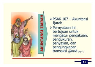 AKUNTANSI IJARAH
                   PSAK 107 – Akuntansi
                   Ijarah
                   Pernyataan ini
                   bertujuan untuk
                   mengatur pengakuan,
                   pengukuran,
                   penyajian, dan
                   pengungkapan
                   transaksi ijarah (prgf -1)

                                         13
 