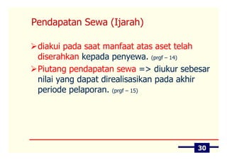 Pendapatan Sewa (Ijarah)

 diakui pada saat manfaat atas aset telah
 diserahkan kepada penyewa. (prgf – 14)
 Piutang pendapatan sewa => diukur sebesar
 nilai yang dapat direalisasikan pada akhir
 periode pelaporan. (prgf – 15)




                                        30
 