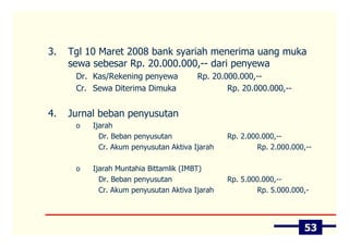 3.   Tgl 10 Maret 2008 bank syariah menerima uang muka
     sewa sebesar Rp. 20.000.000,-- dari penyewa
      Dr. Kas/Rekening penyewa          Rp. 20.000.000,--
      Cr. Sewa Diterima Dimuka                  Rp. 20.000.000,--


4.   Jurnal beban penyusutan
      o   Ijarah
            Dr. Beban penyusutan                Rp. 2.000.000,--
            Cr. Akum penyusutan Aktiva Ijarah           Rp. 2.000.000,--

      o   Ijarah Muntahia Bittamlik (IMBT)
            Dr. Beban penyusutan                Rp. 5.000.000,--
            Cr. Akum penyusutan Aktiva Ijarah           Rp. 5.000.000,-




                                                                     53
 