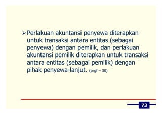 Perlakuan akuntansi penyewa diterapkan
untuk transaksi antara entitas (sebagai
penyewa) dengan pemilik, dan perlakuan
akuntansi pemilik diterapkan untuk transaksi
antara entitas (sebagai pemilik) dengan
pihak penyewa-lanjut. (prgf – 30)




                                         73
 