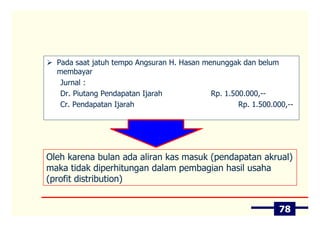Pada saat jatuh tempo Angsuran H. Hasan menunggak dan belum
  membayar
   Jurnal :
   Dr. Piutang Pendapatan Ijarah            Rp. 1.500.000,--
   Cr. Pendapatan Ijarah                            Rp. 1.500.000,--




Oleh karena bulan ada aliran kas masuk (pendapatan akrual)
maka tidak diperhitungan dalam pembagian hasil usaha
(profit distribution)


                                                                78
 