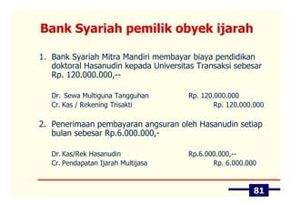 Bank Syariah pemilik obyek ijarah

1. Bank Syariah Mitra Mandiri membayar biaya pendidikan
   doktoral Hasanudin kepada Universitas Transaksi sebesar
   Rp. 120.000.000,--

   Dr. Sewa Multiguna Tangguhan       Rp. 120.000.000
   Cr. Kas / Rekening Trisakti                Rp. 120.000.000

2. Penerimaan pembayaran angsuran oleh Hasanudin setiap
   bulan sebesar Rp.6.000.000,-

   Dr. Kas/Rek Hasanudin              Rp.6.000.000,--
   Cr. Pendapatan Ijarah Multijasa           Rp. 6.000.000



                                                         81
 