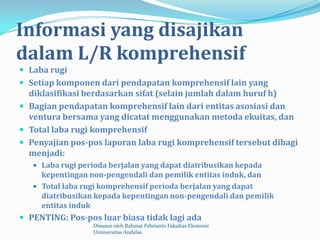 Informasi yang disajikan
dalam L/R komprehensif
 Laba rugi
 Setiap komponen dari pendapatan komprehensif lain yang
  diklasifikasi berdasarkan sifat (selain jumlah dalam huruf h)
 Bagian pendapatan komprehensif lain dari entitas asosiasi dan
  ventura bersama yang dicatat menggunakan metoda ekuitas, dan
 Total laba rugi komprehensif
 Penyajian pos-pos laporan laba rugi komprehensif tersebut dibagi
  menjadi:
    Laba rugi perioda berjalan yang dapat diatribusikan kepada
     kepentingan non-pengendali dan pemilik entitas induk, dan
    Total laba rugi komprehensif perioda berjalan yang dapat
     diatribusikan kepada kepentingan non-pengendali dan pemilik
     entitas induk
 PENTING: Pos-pos luar biasa tidak lagi ada
                  Disusun oleh Rahmat Febrianto Fakultas Ekonomi
                  Unniversitas Andalas
 