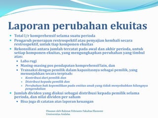 Laporan perubahan ekuitas
 Total l/r komprehensif selama suatu perioda
 Pengaruh penerapan restrospektif atau penyajian kembali secara
  restrospektif, untuk tiap komponen ekuitas
 Rekonsiliasi antara jumlah tercatat pada awal dan akhir perioda, untuk
  setiap komponen ekuitas, yang mengungkapkan perubahan yang timbul
  atas:
    Laba rugi
    Masing-masing pos pendapatan komprehensif lain, dan
    Transaksi dengan pemilik dalam kapasitasnya sebagai pemilik, yang
      menunjukkan secara terpisah:
         Kontribusi dari pemilik dan
         Distribusi kepada pemilik dan
         Perubahan hak kepemilikan pada entitas anak yang tidak menyebabkan hilangnya
          pengendalian
 Jumlah dividen yang diakui sebagai distribusi kepada pemilik selama
  perioda, dan nilai dividen per saham
    Bisa juga di catatan atas laporan keuangan

                      Disusun oleh Rahmat Febrianto Fakultas Ekonomi
                      Unniversitas Andalas
 