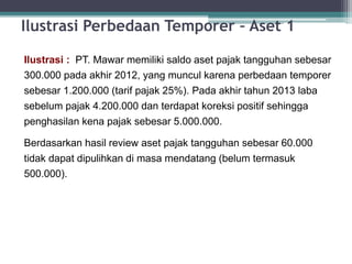 Ilustrasi : PT. Mawar memiliki saldo aset pajak tangguhan sebesar
300.000 pada akhir 2012, yang muncul karena perbedaan temporer
sebesar 1.200.000 (tarif pajak 25%). Pada akhir tahun 2013 laba
sebelum pajak 4.200.000 dan terdapat koreksi positif sehingga
penghasilan kena pajak sebesar 5.000.000.
Berdasarkan hasil review aset pajak tangguhan sebesar 60.000
tidak dapat dipulihkan di masa mendatang (belum termasuk
500.000).
Ilustrasi Perbedaan Temporer – Aset 1
21
 